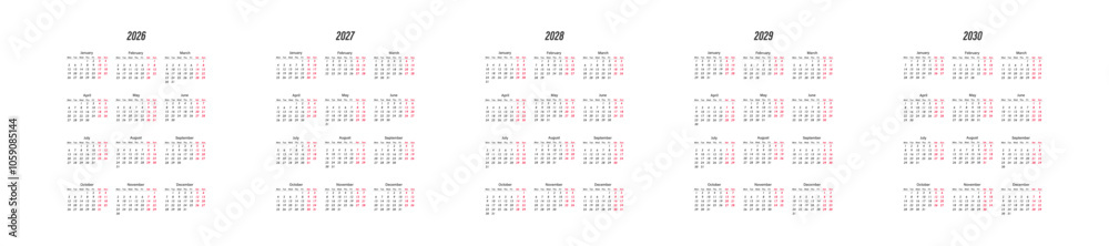 Calendar 2026, 2027, 2028, 2029 and 2030 template. Week starts from Monday. Simple planner design template, desk calendar. Vector isolated Calendar 2026, 2027, 2028, 2029 and 2030 template. Week starts from Monday. Simple planner design template, desk calendar. Vector isolated