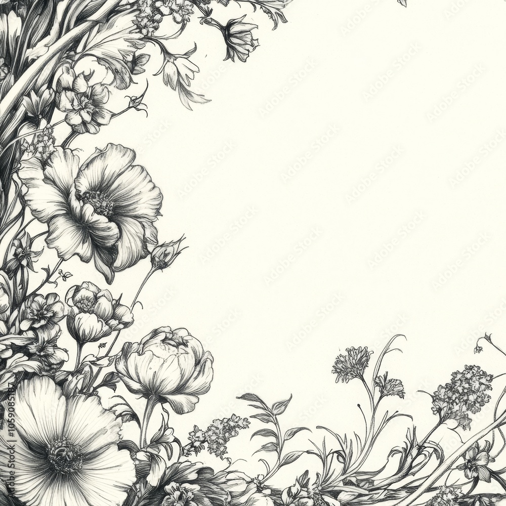 Black and white floral border with copy space. Black and white floral border with copy space.