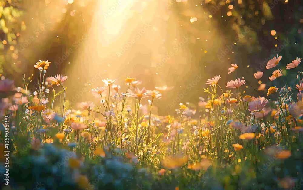 Visual representation of a flourishing flower meadow, highlighted by sunlight and twinkling bokeh lights, capturing the essence of a cheerful and tranquil summer setting