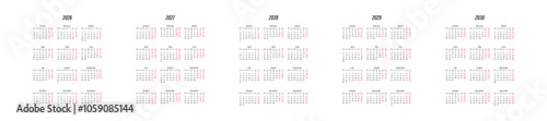 Calendar 2026, 2027, 2028, 2029 and 2030 template. Week starts from Monday. Simple planner design template, desk calendar. Vector isolated