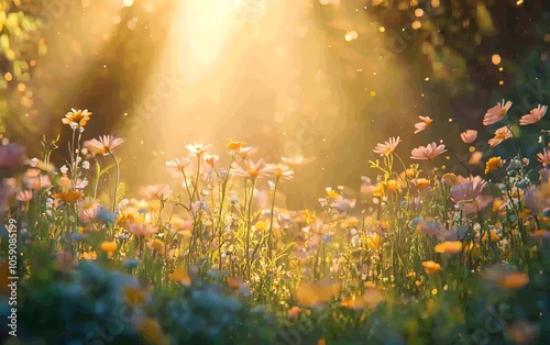 Visual representation of a flourishing flower meadow, highlighted by sunlight and twinkling bokeh lights, capturing the essence of a cheerful and tranquil summer setting