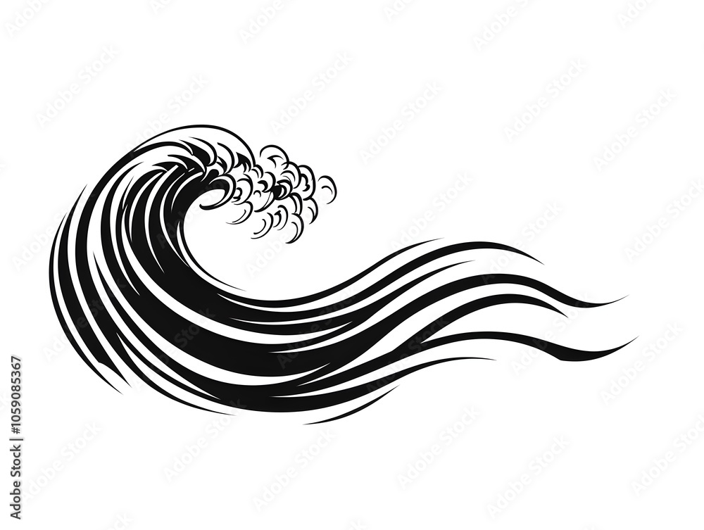 Fototapeta premium Minimalist Black Tattoo Wave Smooth Ocean Flow Isolated on White Background