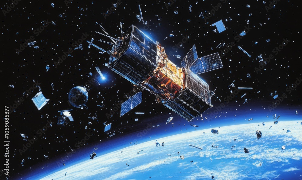 Naklejka premium Satellite orbiting Earth in space debris field.