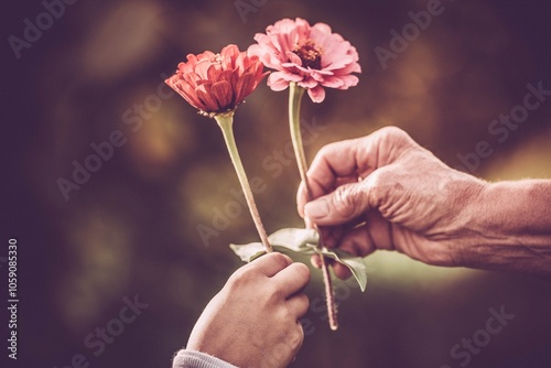 An elderly hand giving flowers to a child's small hand