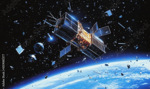 Wallpaper Mural Satellite orbiting Earth in space debris field. Torontodigital.ca