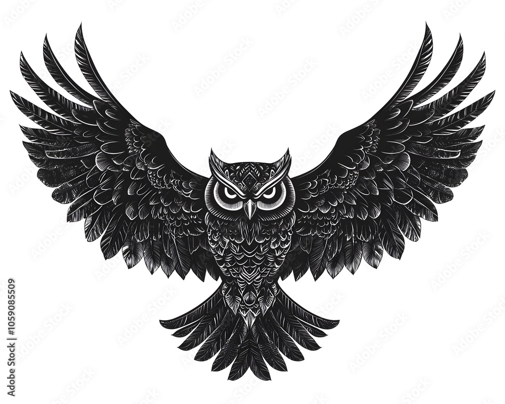 Obraz premium Powerful Black Owl Tattoo with Spread Wings and Intricate Feather Details