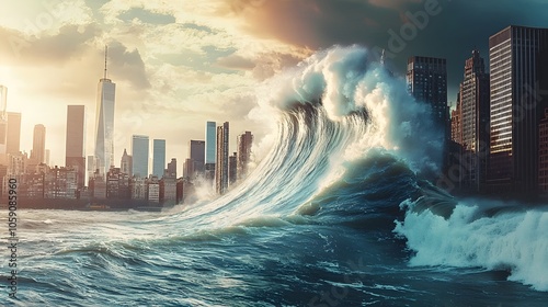 Towering Tidal Wave Engulfs Coastal Metropolis in Apocalyptic Disaster photo