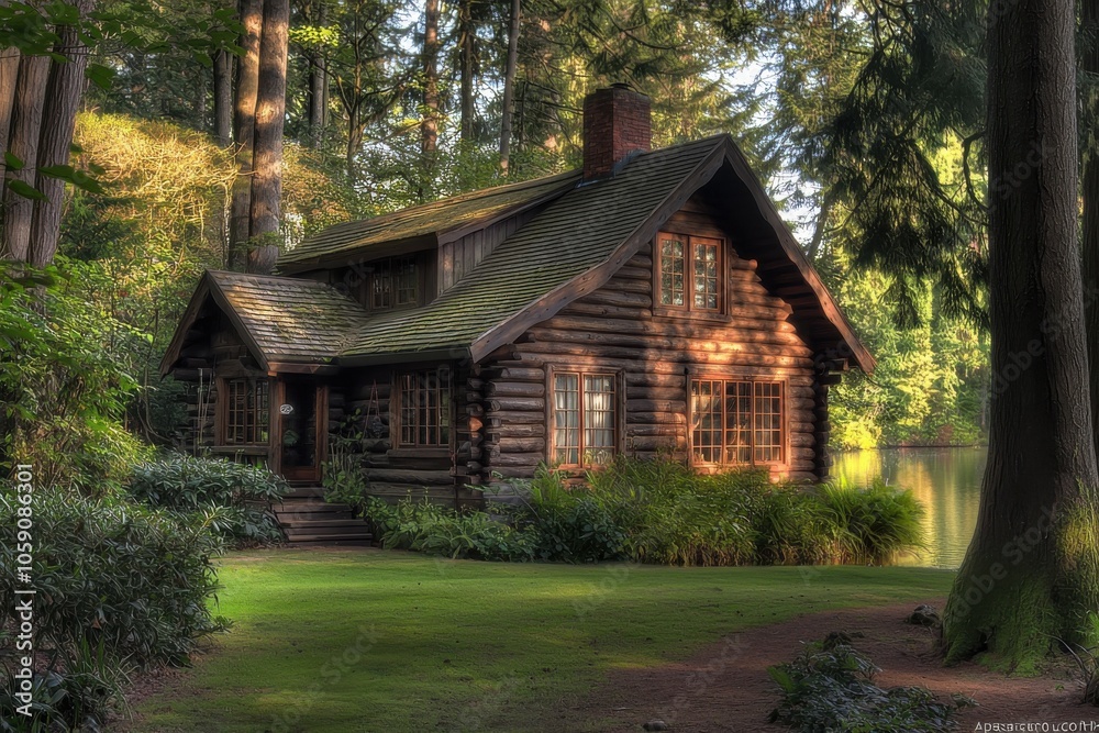 A charming log cabin nestled among lush greenery by a tranquil lake, showcasing a serene natural retreat. A charming log cabin nestled among lush greenery by a tranquil lake, showcasing a serene natural retreat.