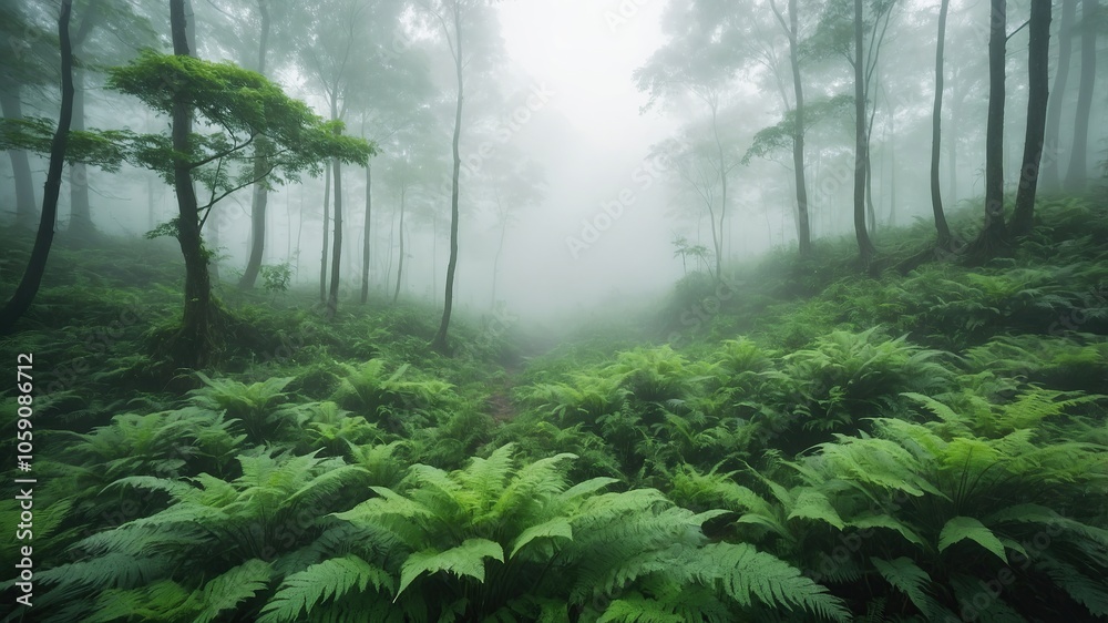 Obraz premium Abstract green forest background with fog and mist, for nature concept design.