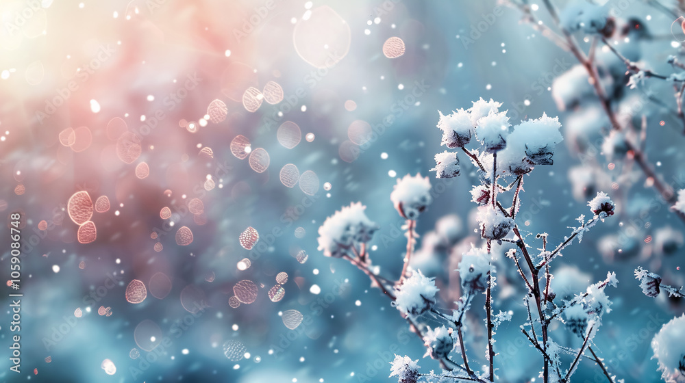 Winter Panorama with Snow-Covered Branches of Plants on Blurred Background During Snowfall Winter Panorama with Snow-Covered Branches of Plants on Blurred Background During Snowfall