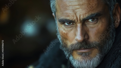 Close-up portrait of a serious middle-aged man with a beard and gray hair, looking directly at the camera.