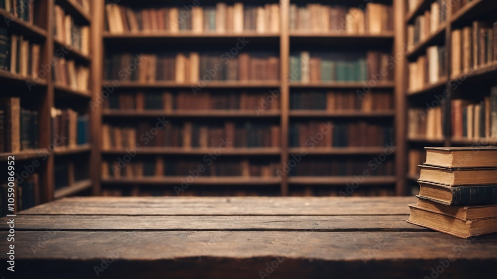 An old wooden table in front of bookshelves filled with books, blurred background An old wooden table in front of bookshelves filled with books, blurred background