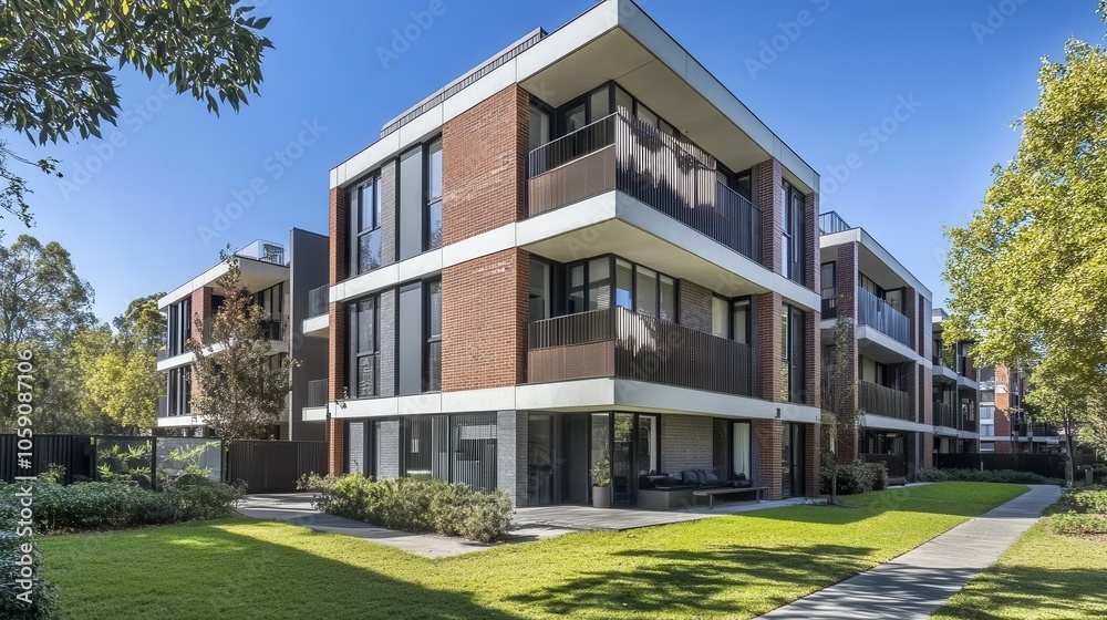Modern Brick Apartment Building with Green Lawn and Trees Modern Brick Apartment Building with Green Lawn and Trees