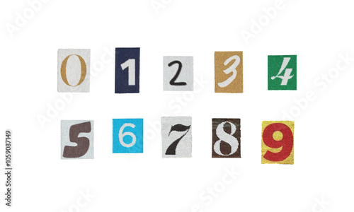 Set of cut-out ransom numbers from magazines on a transparent background, retro y2k style