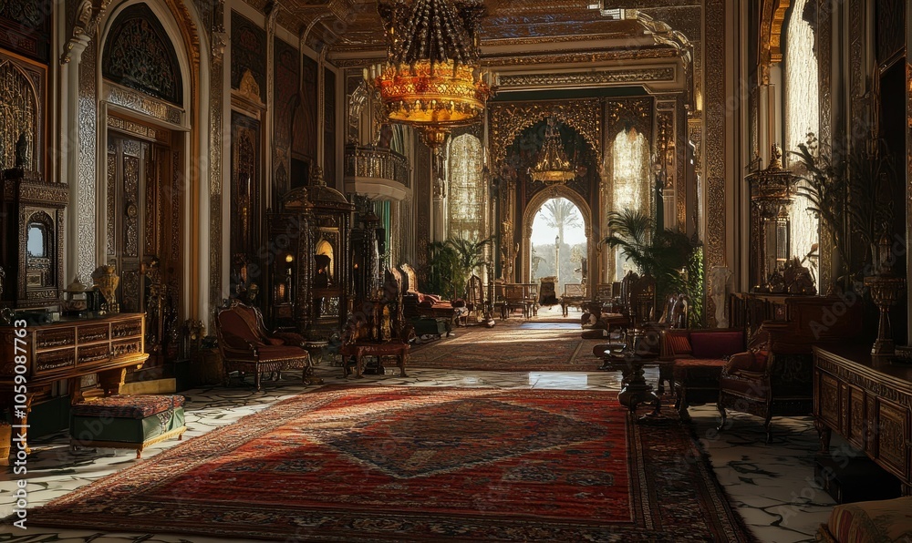 Obraz premium Ornate interior with a view of a palm tree.