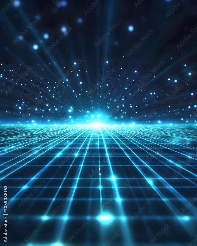 Abstract Blue Grid Background with Glowing Lights and Starry Sky