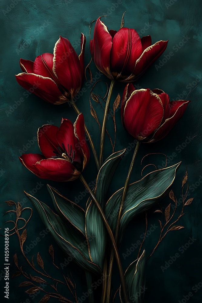 Captivating red tulips a stunning floral arrangement against a deep green background that evokes elegance and sophistication Captivating red tulips a stunning floral arrangement against a deep green background that evokes elegance and sophistication