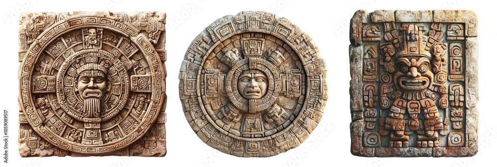 Fototapeta premium Ancient Stone Carvings Isolated on Transparent Background