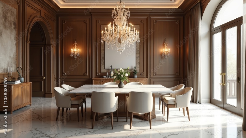 Grand Dining Room with Marble Table and Opulent Chandeliers Grand Dining Room with Marble Table and Opulent Chandeliers