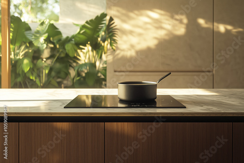 Stylish kitchen interior featuring a black induction cooktop with a pot, set against a background of lush green plants and natural sunlight