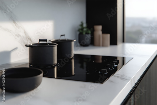 Elegant kitchen setup featuring a marble countertop, sleek induction cooktop, and minimalist black cookware, bathed in natural light for a contemporary look.
