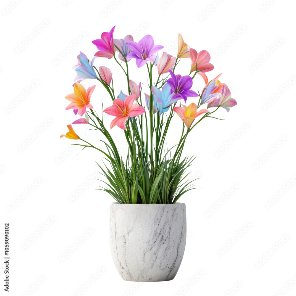 Colorful flowers in a pot, white isolate background Colorful flowers in a pot, white isolate background