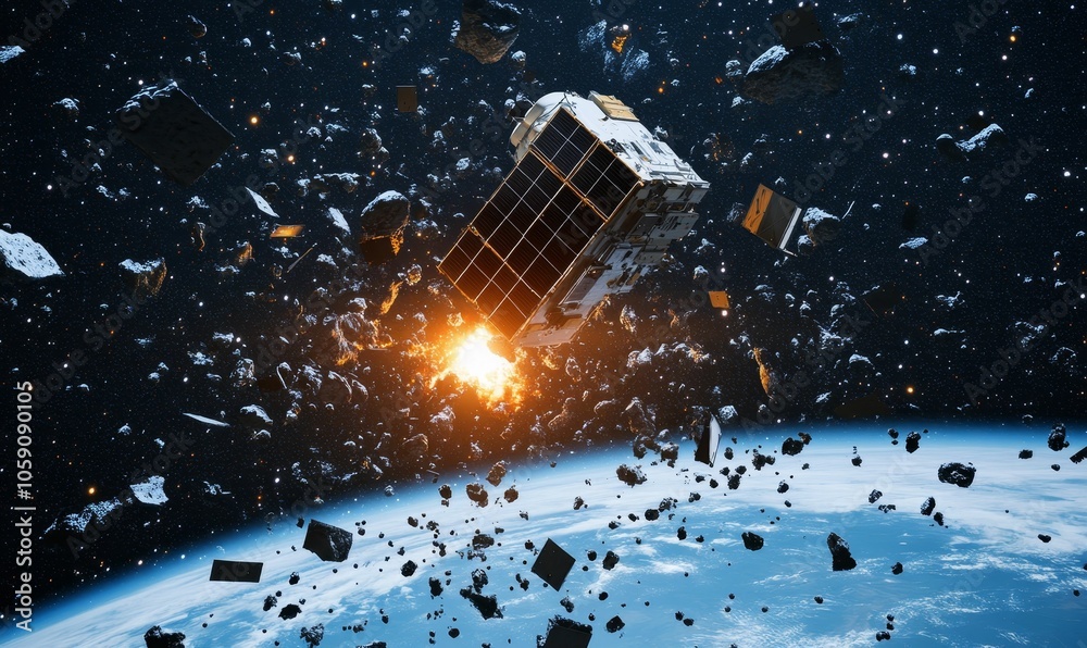 Naklejka premium Space debris surrounds a satellite near Earth.