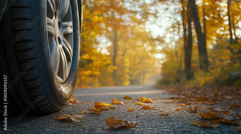 custom made wallpaper toronto digitalCar Tire on a Road with Autumn Leaves