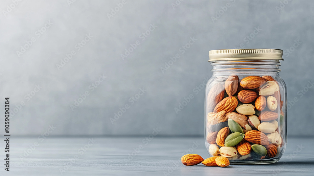 Mixed nuts and seeds in a glass jar, brain-boosting snack, healthy and natural food storage
Mixed nuts and seeds in a glass jar, brain-boosting snack, healthy and natural food storage