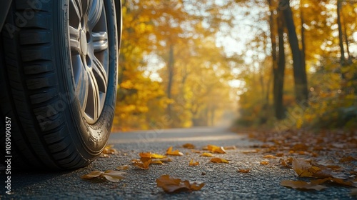 Car Tire on a Road with Autumn Leaves