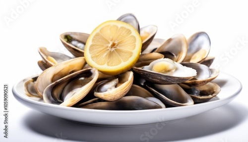 A plate of smooth clams with a halved lemon in the center. Generated with AI. photo