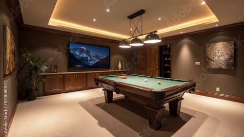 Upscale Basement Game Room with Elegant Lighting and Pool Table