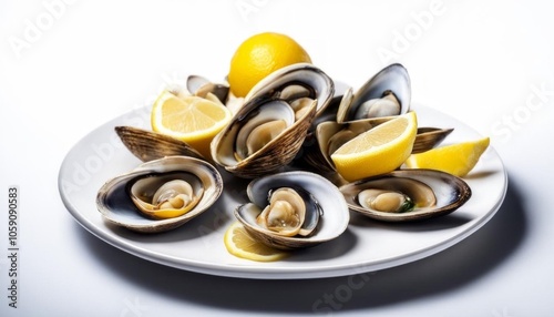 A plate of smooth clams with a halved lemon in the center. Generated with AI. photo