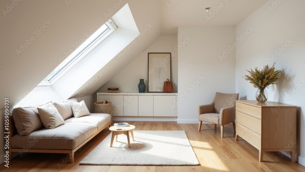 Fototapeta premium Sunny Attic Living Space with Modern Minimalist Decor