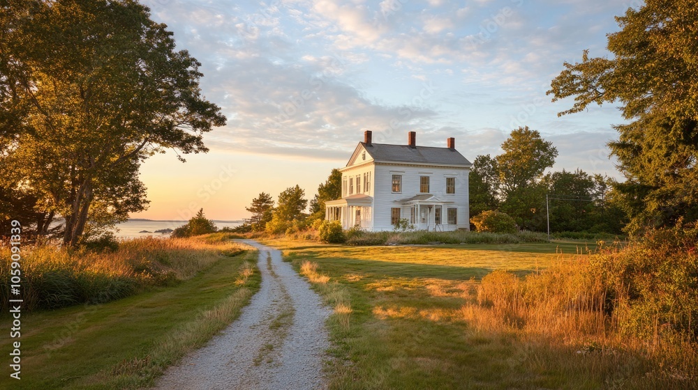 Obraz premium The scenic walkway leading to Marshall Point Lighthouse, sunset casting a golden glow over the historic structure.