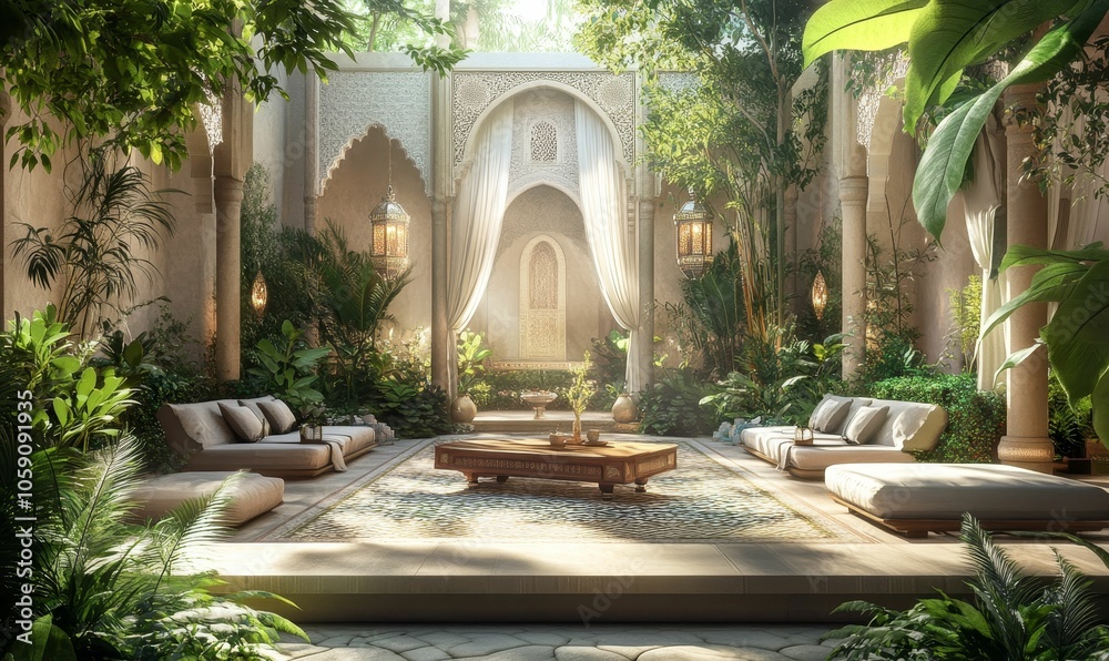 Fototapeta premium A Moroccan courtyard with lush greenery and a fountain.