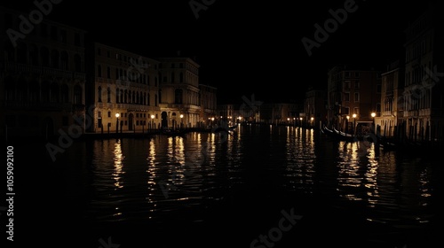 Venice at night with glowing lights along the Grand Canal, panoramic view showcasing the beauty of Venetian architecture.