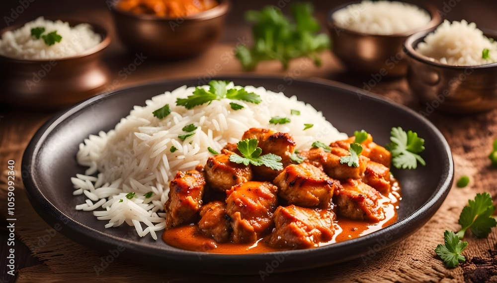 Chicken tikka masala with basmati rice on wooden table
Chicken tikka masala with basmati rice on wooden table