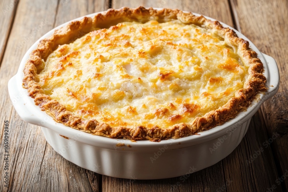 A golden-brown baked dish with a flaky crust, likely a savory pie or casserole, resting on a rustic wooden surface. A golden-brown baked dish with a flaky crust, likely a savory pie or casserole, resting on a rustic wooden surface.