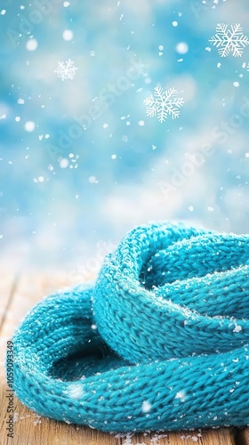 Closeup of snowflakes falling on a warm woolen scarf, cozy winter moment