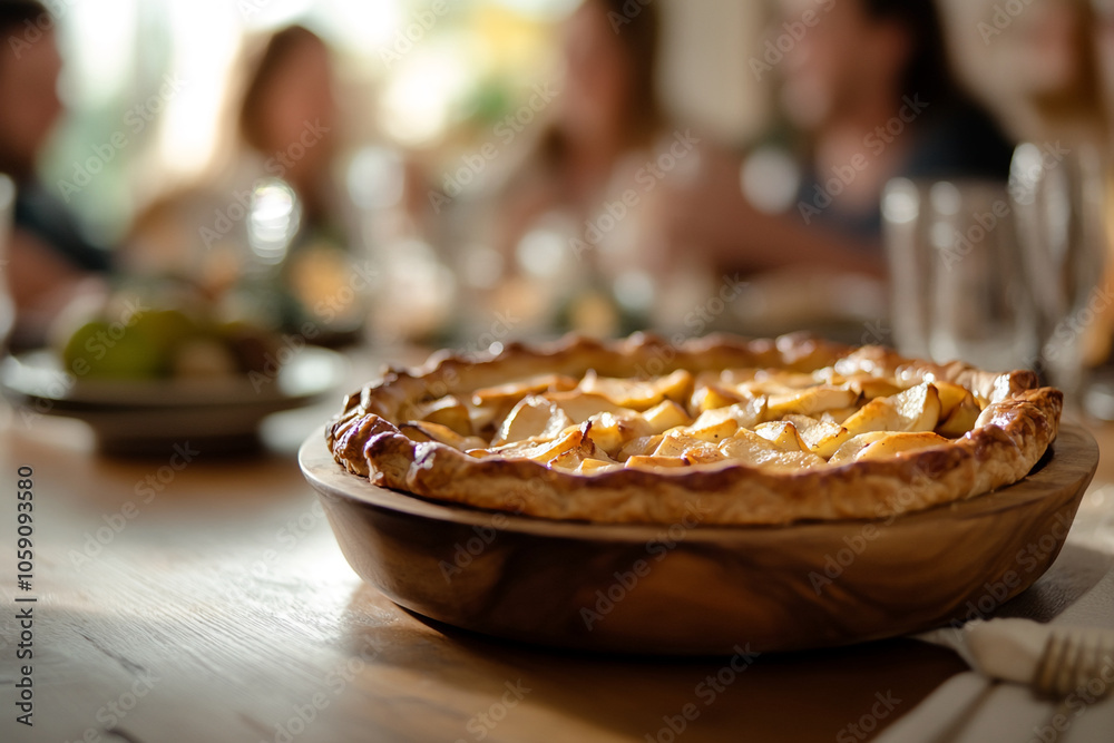 A freshly baked apple pie sits on a wooden table in front of blurry people A freshly baked apple pie sits on a wooden table in front of blurry people