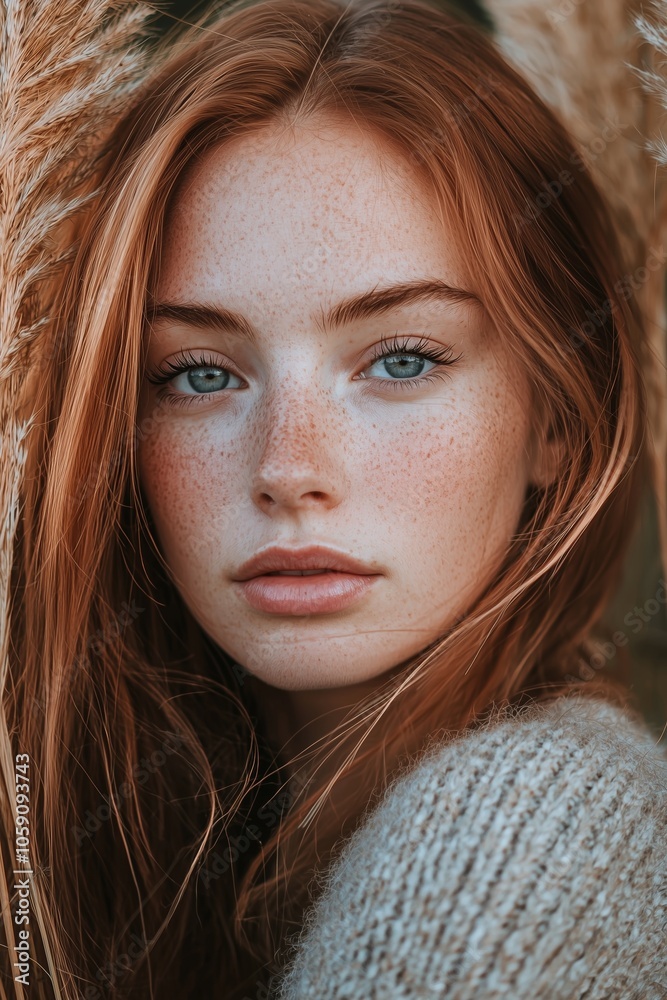 A woman with red hair and freckles looks intensely, surrounded by nature, conveying independence and strength. A woman with red hair and freckles looks intensely, surrounded by nature, conveying independence and strength.