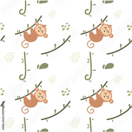 Childish seamless pattern cute monkey with tendril roots