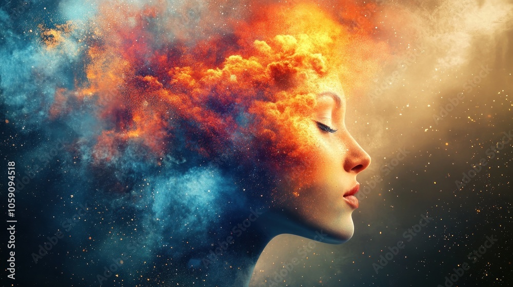 Vivid cosmic clouds envelop serene female side profile. Vivid cosmic clouds envelop serene female side profile.