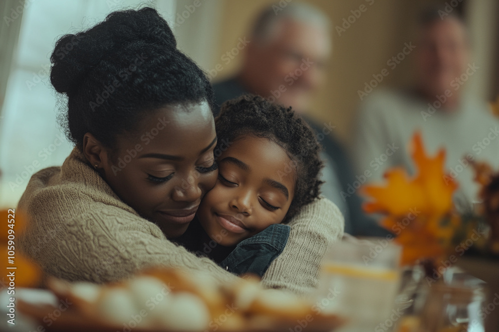 A mother and her child embrace during a family gathering, their love and connection evident in their embrace A mother and her child embrace during a family gathering, their love and connection evident in their embrace