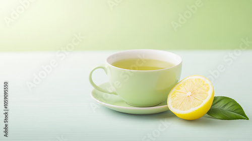  Cup of green tea with a lemon wedge on the side, rich in antioxidants, brain-stimulating beverage