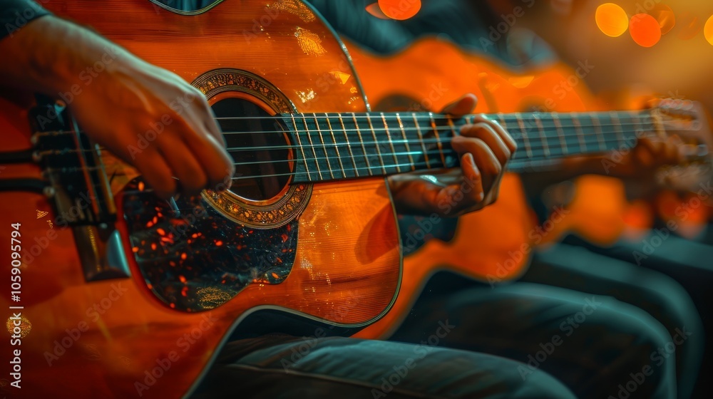 Obraz premium closeup hand musician playing acoustic guitar.concept for live music background,Music festival.Instrument on stage.low key tone