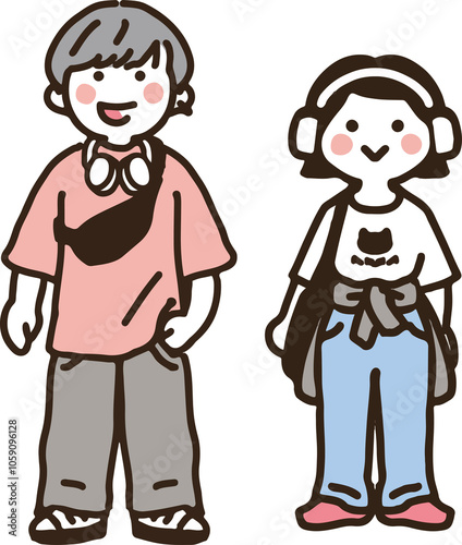 日本のカジュアルな私服の男子女子高校生