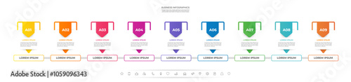 Business vector infographics. Informational table with nine arrows, steps, options. Template progress bar with 9 arrow-like elements. Clean and modern infographic design