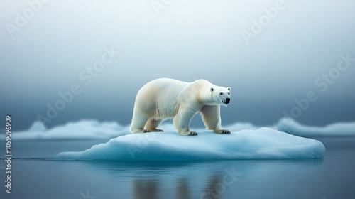  A polar bear drifting on a shrinking iceberg, polluted waters below, 